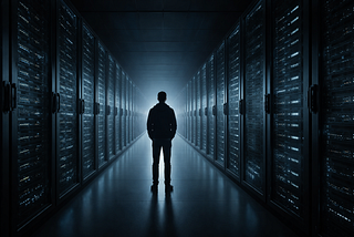 A figure stands at the entrance of a vast server corridor representing the gap between human institutional knowledge and enterprise AI systems