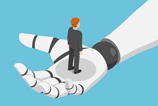 A robot hand holding a man in a suit