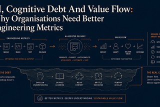 AI engineering metrics graphic showing value flow above hidden cognitive debt caused by shallow understanding, weak context and rework.