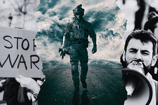 Image of a soldier walking with the backdrop of antiwar protesters.