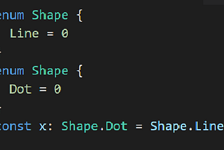 enum Shape { Line = 0 }; enum Shape { Dot = 0 }; const x: Shape.Dot = Shape.Line;