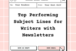 Top Performing Subject Lines for Writers by Aigner Loren Wilson article cover. There is a pink gridded background and over top of that is a message box. At the top of the message box is Aigner Loren Wilson. Below that it says like an email (to: Your Readers) (from: Your Best Self). Inside the message box in large letters are the words Top Performing Subject Lines for Writers with Newsletters. Below that are two buttons , save as draft and send email, and a mouse pointer.