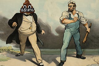 A Gilded Age editorial cartoon depicting a muscular worker and a corpulent millionaire squaring off for a fight; the millionaire’s head has been replaced with the poop emoji from the cover of ‘Enshittification,’ its mouth covered in a grawlix-scrawled black bar.
