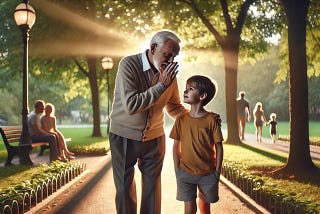 An old man whispering in the ear of a child