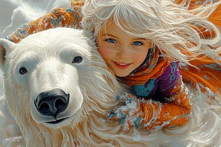 Closeup image of a white polar bear with a white-haired young girl on its back. The smiling girl is dressed in colordful thick clothing and gloves.