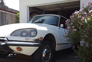 my white 1970 citroën coming out of my garage for an oil change