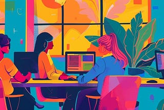 A colourful illustration of women working in a brightly coloured open-plan office space.