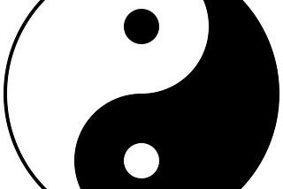 The modern, most well-known representation of the yinyang symbol: the joining teardrops, one black, one white, forming a perfect circle. Within each teardrop, almost like an eye, a single single of the opposite colour; the black teardrop encircles a white dot, the white teardrop encircles a black dot.