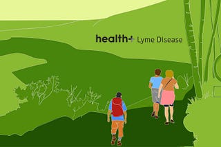 Three people walking on a trail in hiking clothes, surrounded by greenery. At the center is the title “health+ Lyme Disease.”