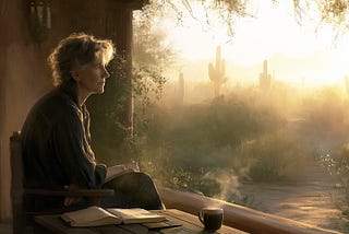 A writer sits quietly on a desert patio at sunrise, looking toward the Sonoran Desert while an open notebook and untouched pen rest beside a cup of coffee, suggesting reflection before writing.
