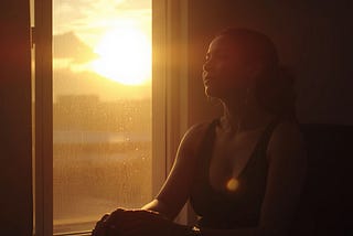 Person sitting quietly near a window in soft morning light reflecting on self-love and healing.