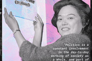 Patsy Mink on a pink and blue marble background, holding a sign with her name on it