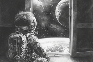 Image of a child in a spacesuit, looking out a door into space. Created by the author.