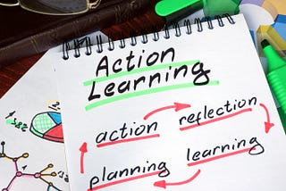 Notepad showing action learning process (action, reflection, learning, planning).