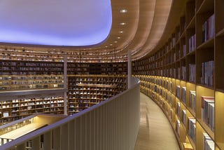 bookshelves in a giant library