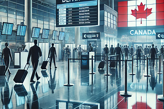 Nighttime airport departure scene in Canada, featuring travelers, security checkpoints, and a Canadian flag, symbolizing the Canada departure tax.