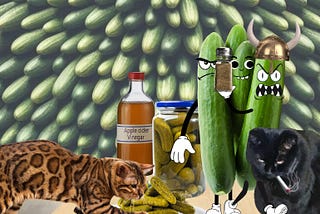 Huge pile of cucumbers taking up most of the room. Cats Maddie and Ka-Thunk are on the table surrounded by pickles. Several large cucumbers with angry faces are threatening Maddie with a pepper shaker.