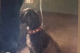A close-cropped photo of a portion of a painting of a young girl. You can only see her pant leg and white shoe. She holds a lead for her dog, a mediums sized brown dog with white chest. The dog is staring at her leg, not the “painter.” Text has been added to the top (by me): “I shall not cooperate with the painter.”