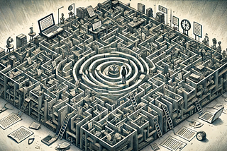 The image depicts a wide, intricate maze symbolizing the complexity of take-home tests. The maze is filled with winding paths, dead ends, and scattered items like books, clocks, and papers, representing academic challenges. A small figure is seen navigating through the maze, highlighting the difficulty and time involved in solving the test. The color scheme is muted, evoking focus and determination, and the wide aspect ratio captures the sprawling, detailed nature of the labyrinth.