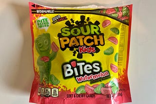 A photo of a bag of Sour Patch Kids Bites Watermelon, since I don’t seem to have a box of the regular kind handy, because I devour them all.