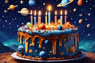 A birthday cake beneath a sky full of stars and planets