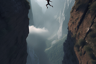 Man jumping from one peak to another, created by Varun on Midjourney