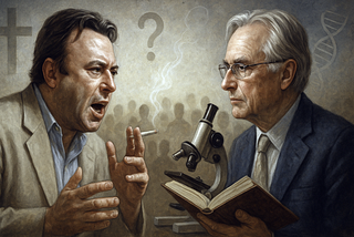 A photorealistic side-by-side portrait of Christopher Hitchens and Richard Dawkins. Hitchens is depicted passionately speaking with a cigarette in hand, while Dawkins appears calm and analytical, holding a book and standing beside a microscope, symbolizing their contrasting approaches to atheism and science.