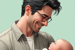 a realistic vector drawing of a smiling man with dark black hair and horn-rimmed glasses and casual clothes staring down at his newborn light-haired son against a pale green background