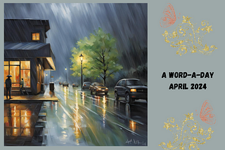 Poster with image of a rain shower at night and the words “A Word-A-Day April 2024” on the side, embellished with a gold and pink floral filagree.