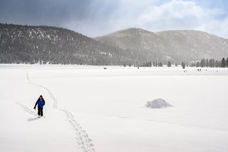 I return on a slightly different path, my snowshoes providing the only marks on the surface after a snowfall in the Sierra Mountains.