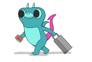 A drawing of Sparky the boldstart mascot pulling a wheeled suitcase.