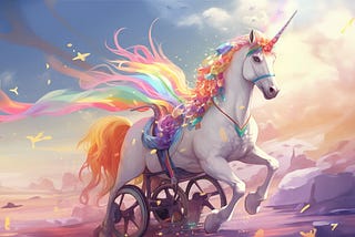 A unicorn running. Its back legs are supported by wheels, much like a wheelchair harness for dogs. It’s surrounded by bursts of rainbow colours.
