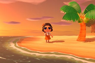 A screenshot from the video game Animal Crossing New Horizons. It shows a sunset over a beach, with a character in the centre