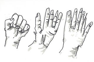 Three blind contour drawings of hands in different poses.