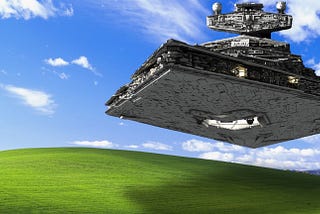 An Imperial Star Destroyer floating over a classic wallpaper featuring a hill of green grass with the backdrop of a blue sky with clouds