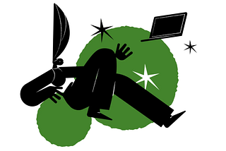 illustration of human figure floating with geometric shapes and a laptop drifting away from them.