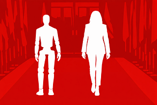 A minimalist 16:9 illustration shows a white silhouette of a humanoid robot walking beside a white silhouette of a woman in a suit along a red carpet. The background is composed of layered red silhouettes suggesting flags, columns, and a formal hallway, with very little detail. Created using ChatGPT