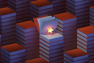 Dark, isometric composition of stacks of books with one opened and containing a shining star in between the pages.