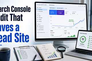 Cinematic thumbnail showing Google Search Console performance graphs and an SEO audit checklist on a modern desk with the title “Search Console Audit That Saves a Dead Site”.