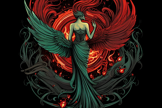 LetAshesLay, letasheslay logo. A phoenix, a woman reborn, enveloped in feathers, and wings. Half of her wings colored in emerald green and the other half in maroon. Her back facing us, her face turned towards the east, and her hand is signaling “rock on” or “devil horns.” The signifigance to this writer outweighs its many meanings. Interpretations depend on the context and culture. Examples: warding off evil, protection, good luck, union of individual self with universal consciousness.