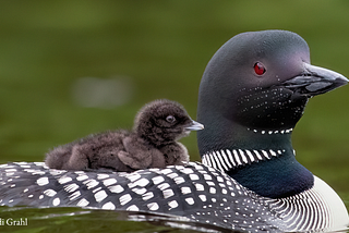 A small, loon chick with downy feathers sits on the back of an adult common loon. The picture is cropped to show a close up of the pair. The water in the background has a dark-green tint to it.