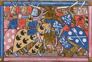 Christian and Muslim knights in armor, mounted on horseback, clash in one of the Crusades.