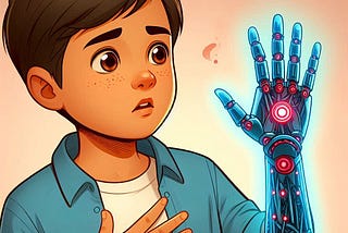 Ilustração de um jovem rapaz olhando perplexo para sua própria mão, robotizada (a cibernética servindo de analogia para a IA potencializando o cérebro).