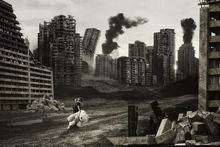 Black and white photo of young girl with large white teddy bear in a ruined city.