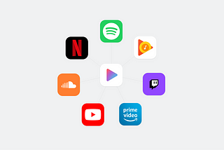iTunes icon surrounded by Netflix, Spotify, Google Music, Twitch, Amazon Prime Video, YouTube and Soundcloud icons