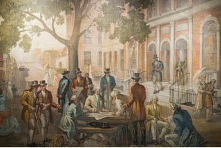 Colonial Street Scene: People Reading Newspapers in 18th Century Town