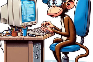 IMAGE: A cartoon-style illustration of a monkey typing on a computer