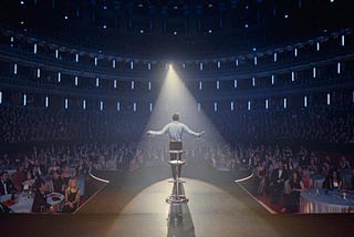 A spotlight shines on a perfomer on a stage in front of a large audience of people. This performer, it turns out, is a monkey.