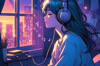 Lofi girl with earphones on listening to music, sitting by a window