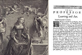 Engraving of Cavendish at her desk and the dedicatory letter to professors from Sociable Letters